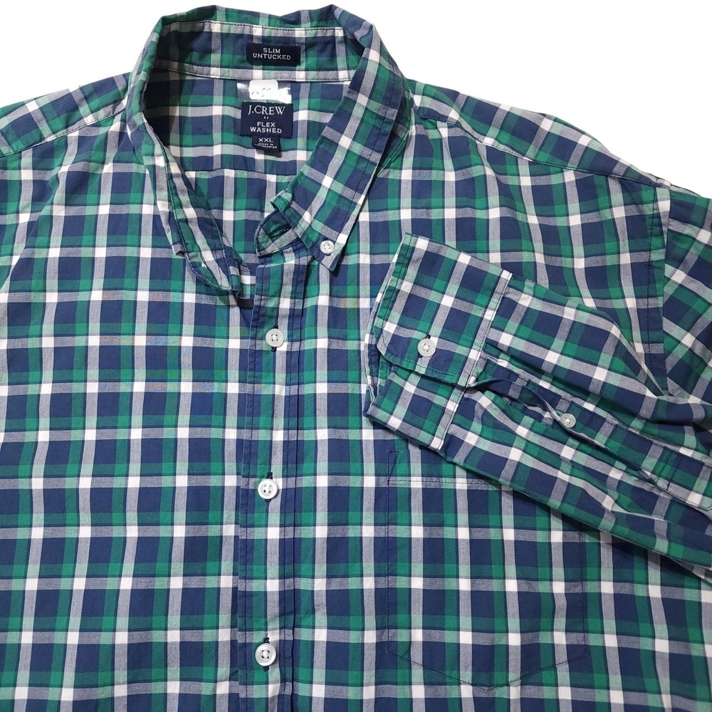 J.Crew Shirt Mens‎ 2XL Blue Green Plaid Flex Washed Slim Stretch Button Up